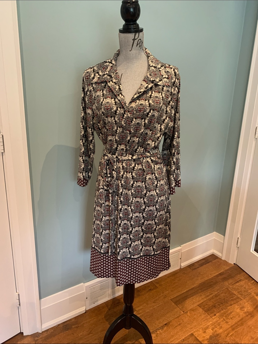 Max Studio Black, Cream and Red Long Sleeve Wrap Dress